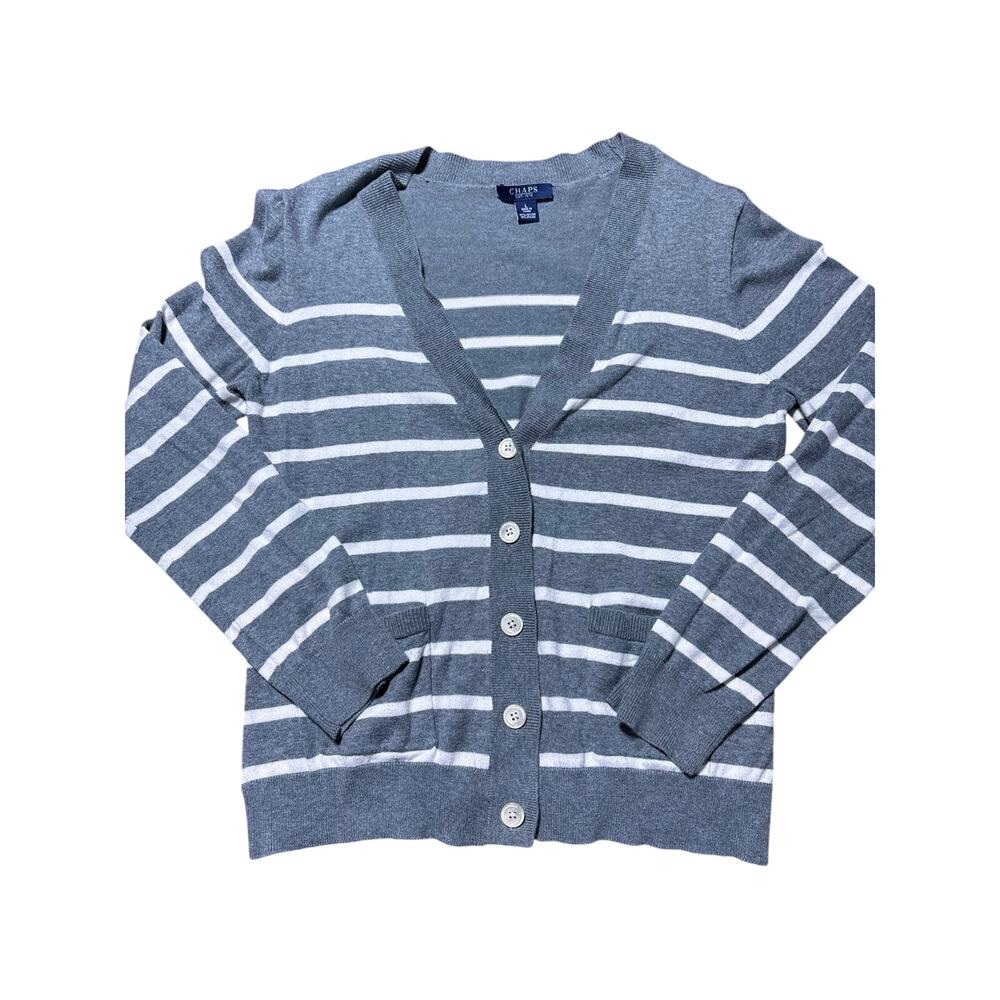 Chaps Womens L Grey & White Striped V-Neck Button Down Cardigan